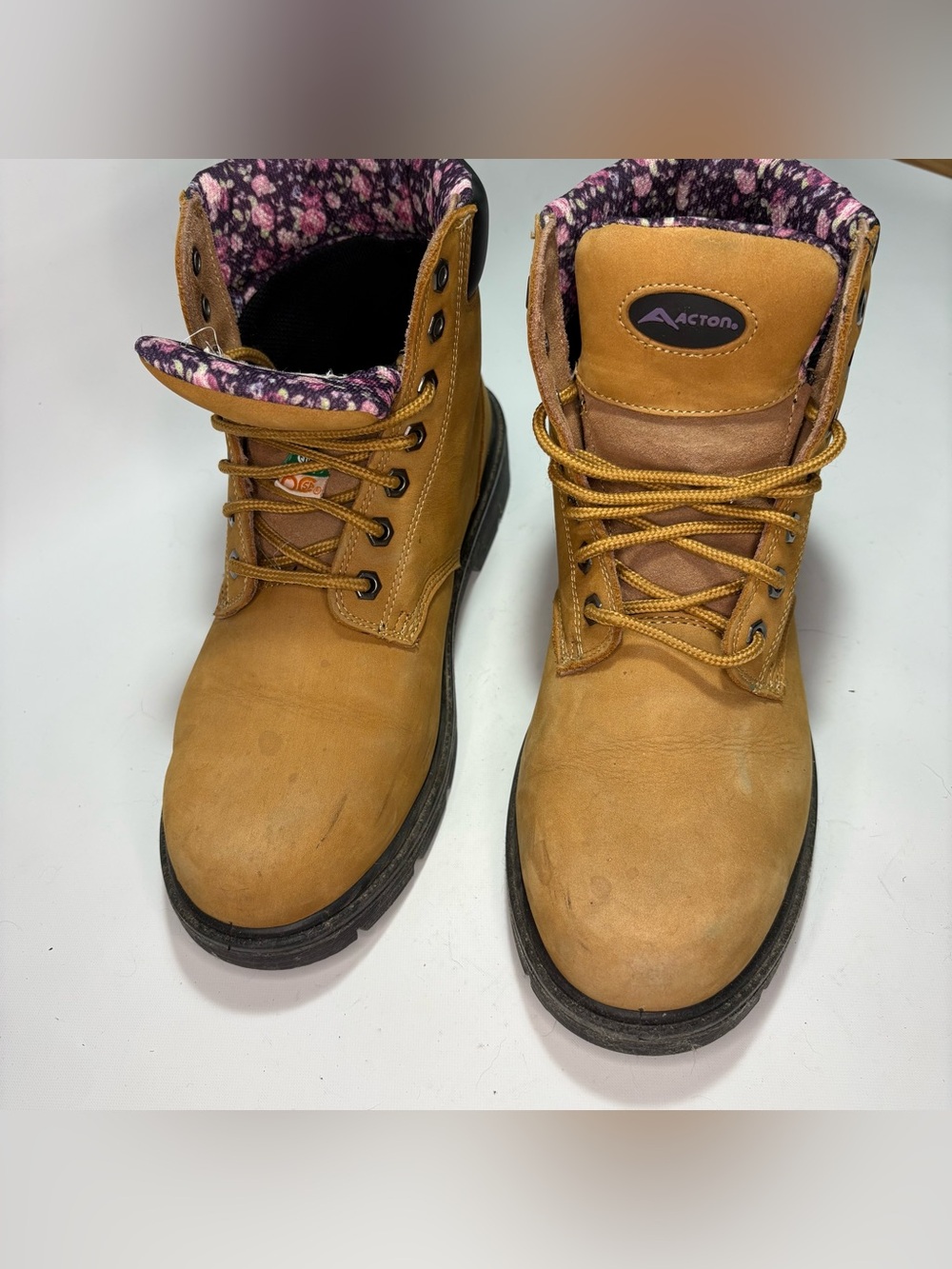 Women's Tan Lace-Up Work Boots with Floral Collar